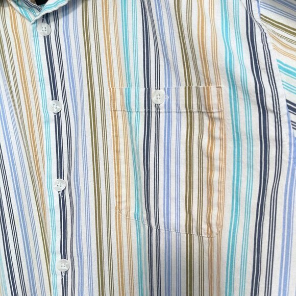 Trust Mens Shirt Size XL Linen Blend Button Up Blue Striped Short Sleeve Preppy - Picture 4 of 10